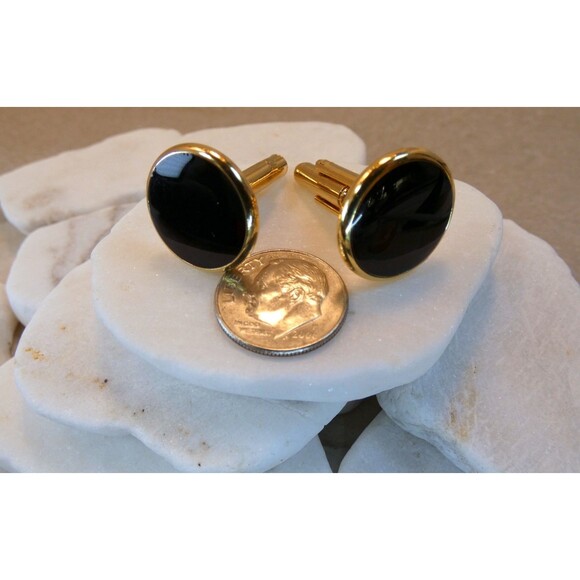 VTG  10k Yellow Gold Plated Black Onyx Cufflinks Mid Century - Picture 4 of 5
